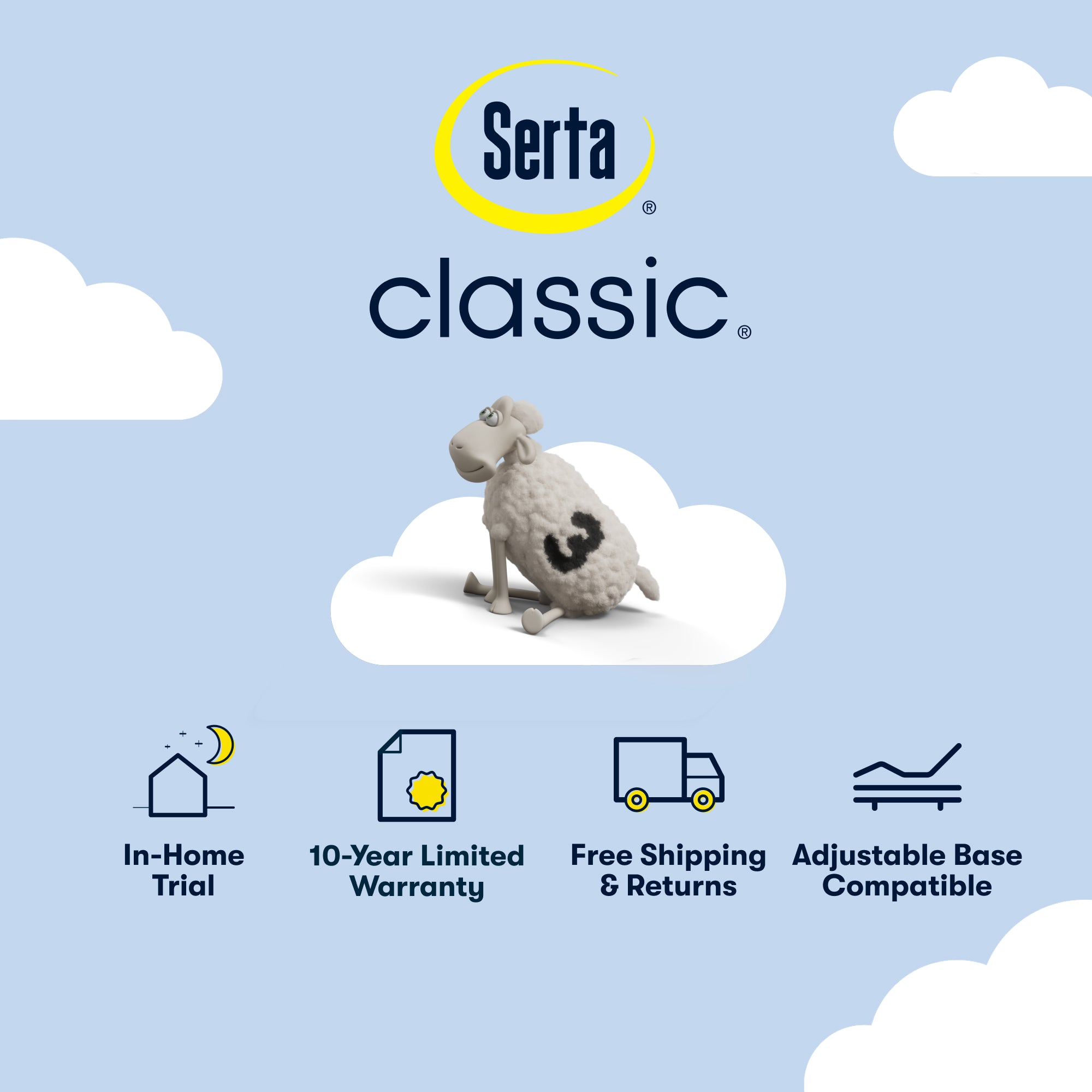 Serta Classic with a cartoon sheep on a cloud and product features listed.