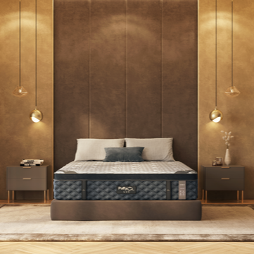A luxurious hybrid mattress by Puffy, shown in a stylishly furnished bedroom setting, highlighting the mattress's cooling technology, 3-zone design, and plush feel.