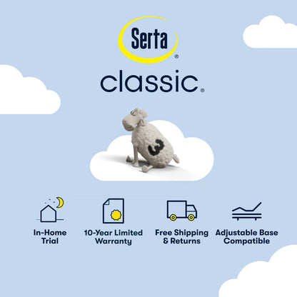 Serta Classic with a cartoon sheep on a cloud and product features listed.